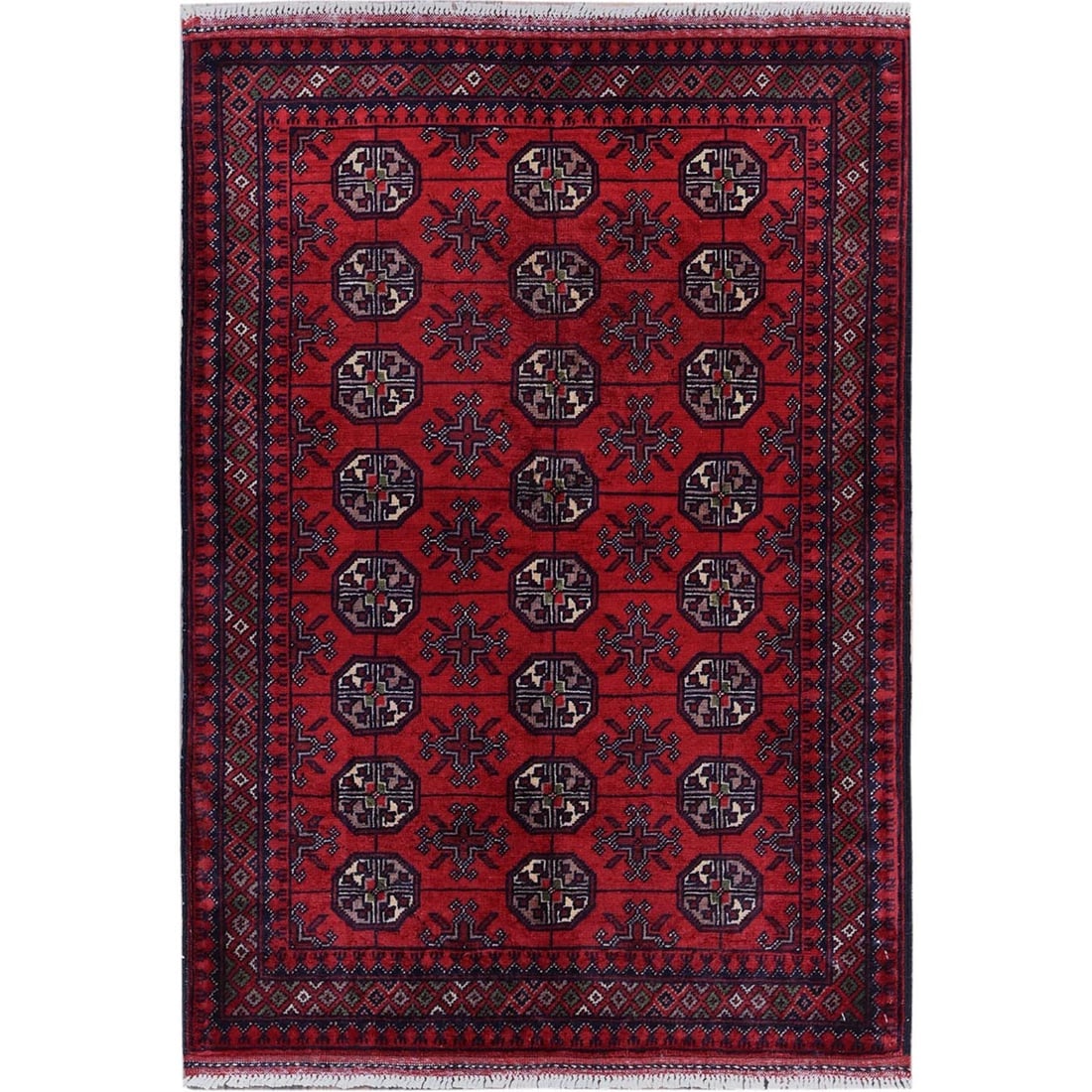 Red Princess Bokara with Geometric Design Hand Knotted Wool Mat Rug: Title: Red Princess Bokara with Geometric Design Hand Knotted Wool Mat Rug Description:This is a truly genuine one-of-a-kind. It has been Knotted for months and months in the centuries-old weaving