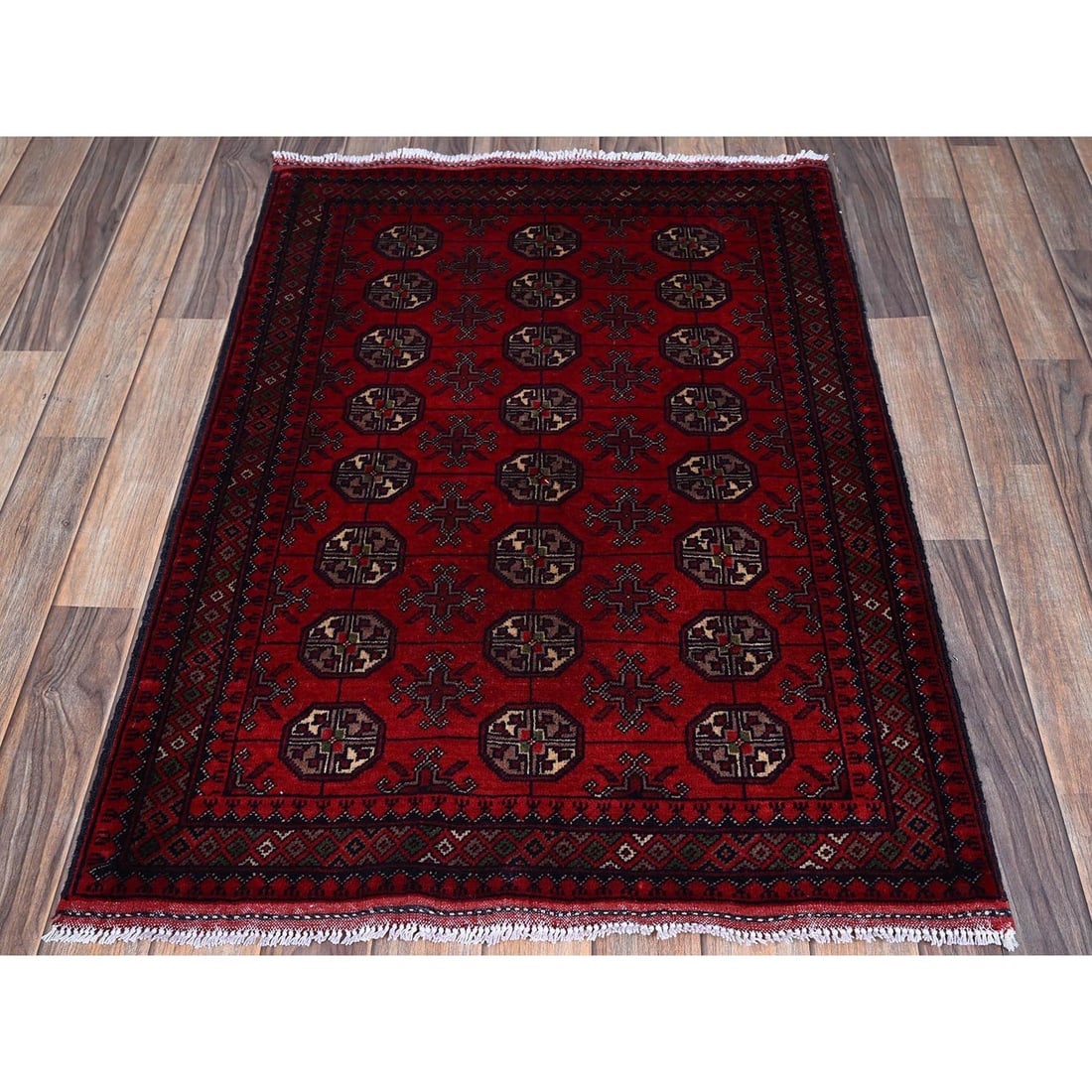Red Princess Bokara with Geometric Design Hand Knotted Wool Mat Rug - 2