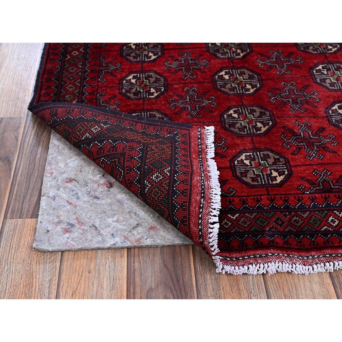 Red Princess Bokara with Geometric Design Hand Knotted Wool Mat Rug - 3