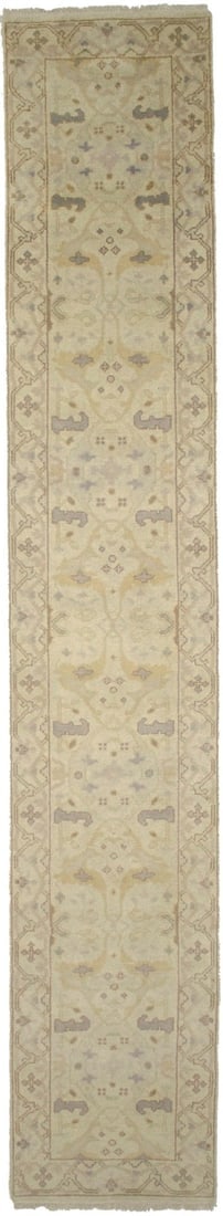 Cream Floral 2'5X13'9 Oushak Oriental Runner Rug: Title:Cream Floral 2'5X13'9 Oushak Oriental Runner Rug Description :Handmade 2'5X13'9 beige oriental runner made with vegetable dyes (fine wool pile and cotton foundation), exceptional knot count, and