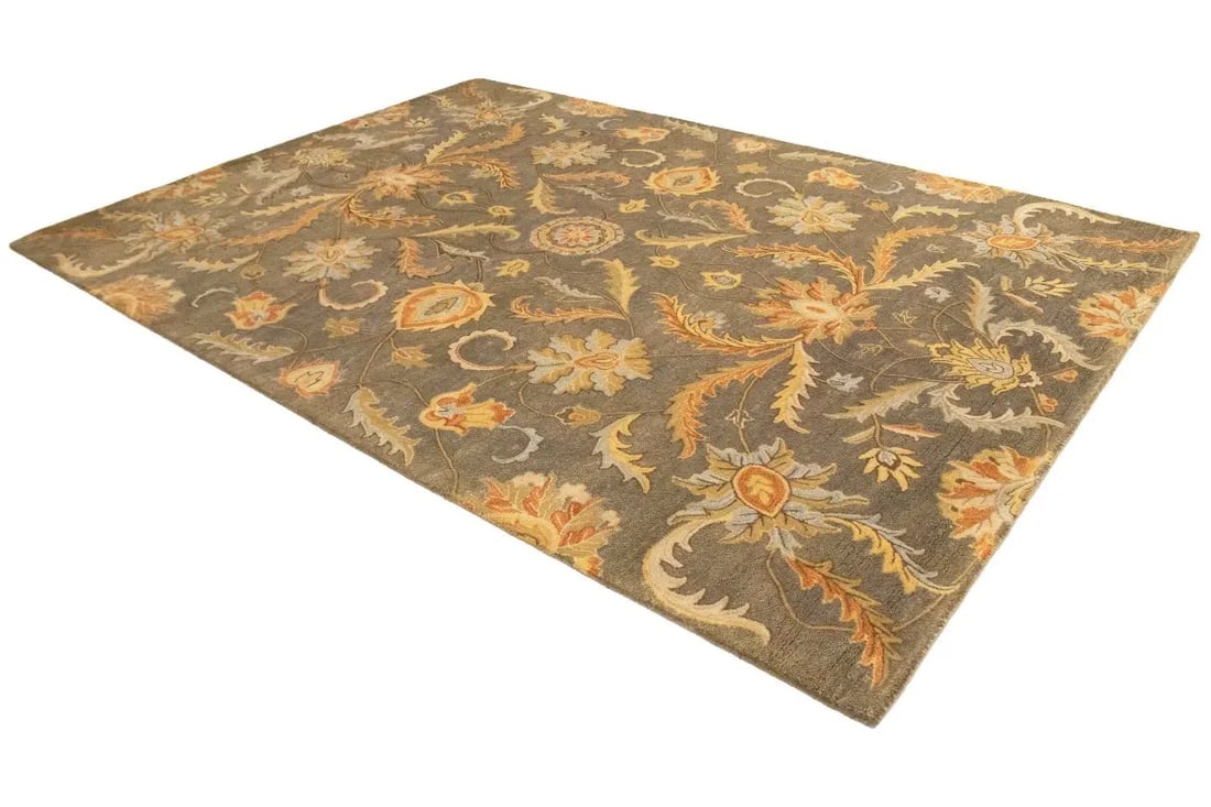 Tan Floral Modern 8X11 Oriental Hand-Tufted Rug - 4