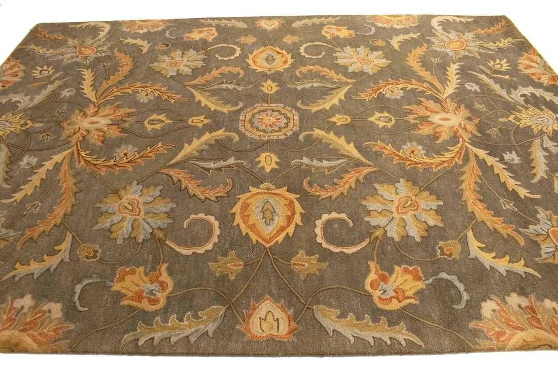 Tan Floral Modern 8X11 Oriental Hand-Tufted Rug - 7