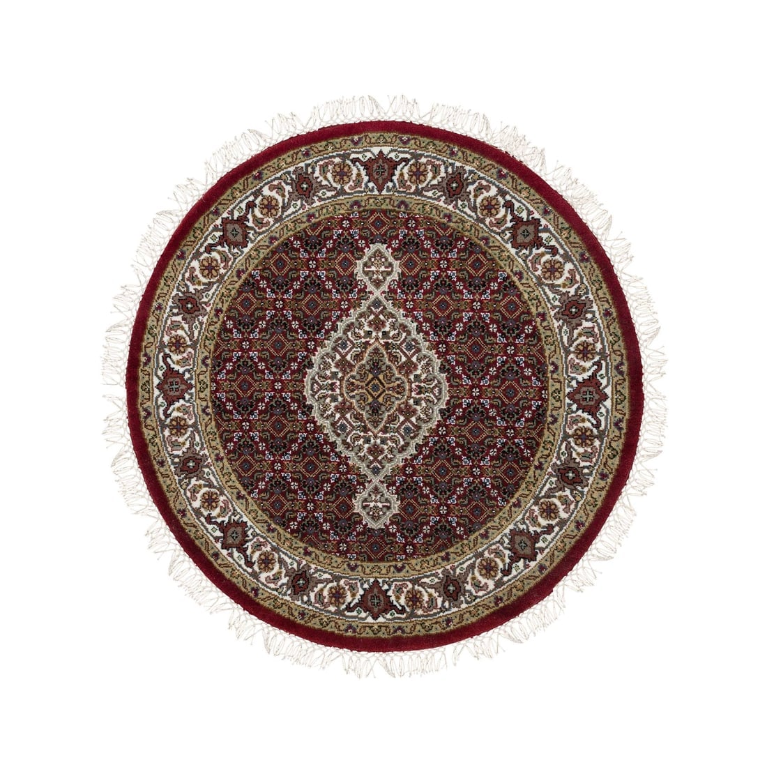 Red Tabriz Medallion Design Pure Wool 175 KPSI Hand Knotted Round Rug: Title: Red Tabriz Medallion Design Pure Wool 175 KPSI Hand Knotted Round Rug Description:This is a truly genuine one-of-a-kind. It has been Knotted for months and months in the centuries-old weaving c