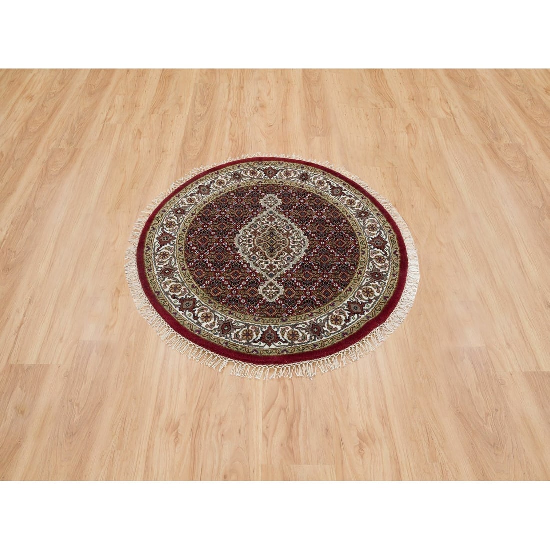 Red Tabriz Medallion Design Pure Wool 175 KPSI Hand Knotted Round Rug - 2