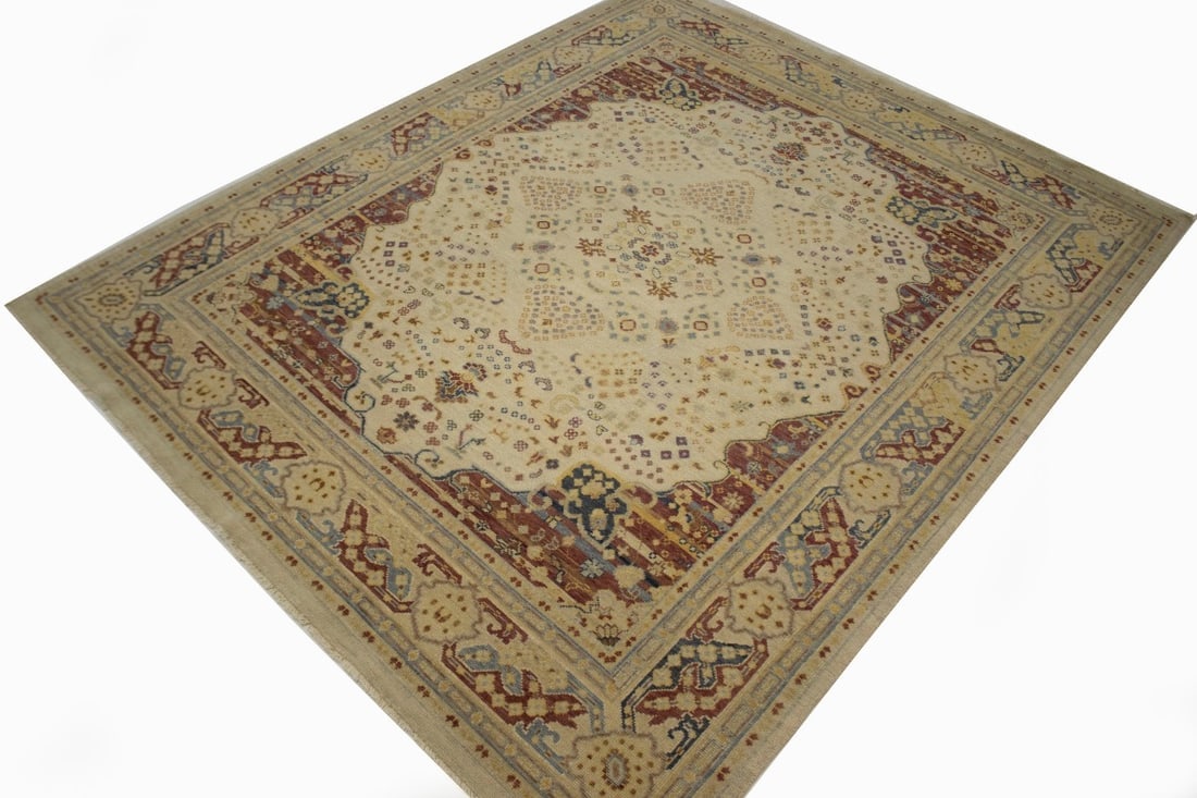 Muted Cream Beige Floral 8X10 Heriz Serapi Oriental Rug - 6