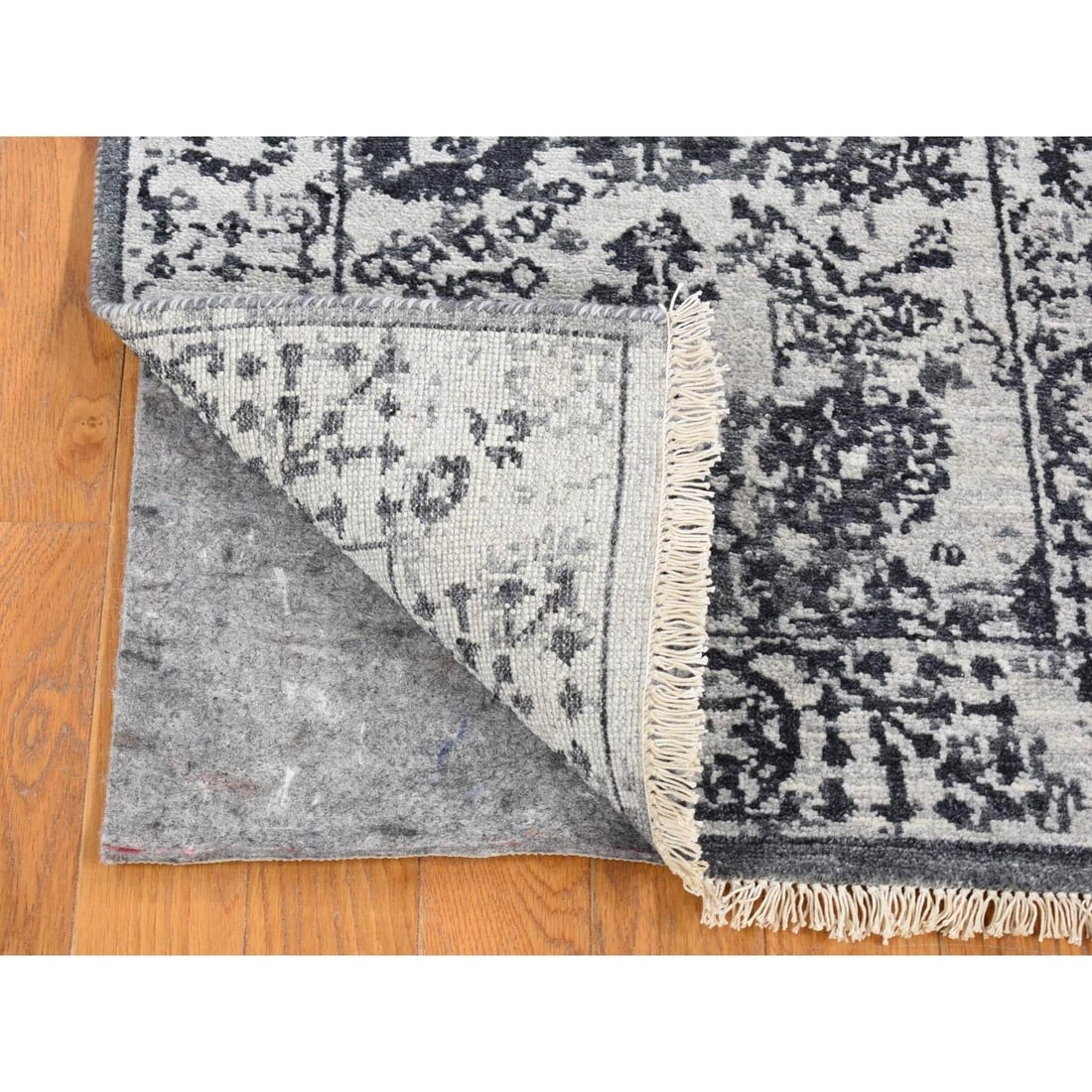 Ivory Erased Tabriz Design Sample Hand Knotted Wool and Silk Mat Rug - 2