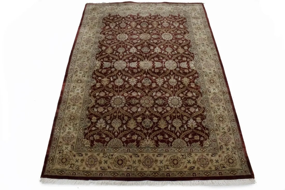 Wine Red Floral 6X9 Indo-Tabriz Oriental Rug - 3