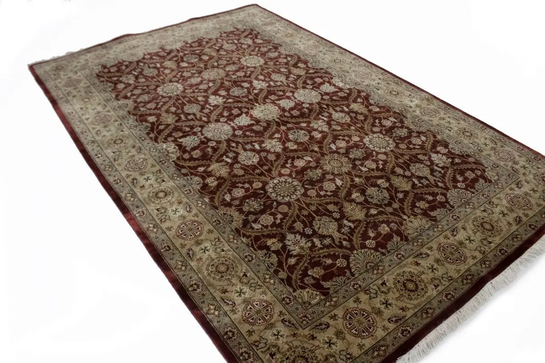 Wine Red Floral 6X9 Indo-Tabriz Oriental Rug - 8
