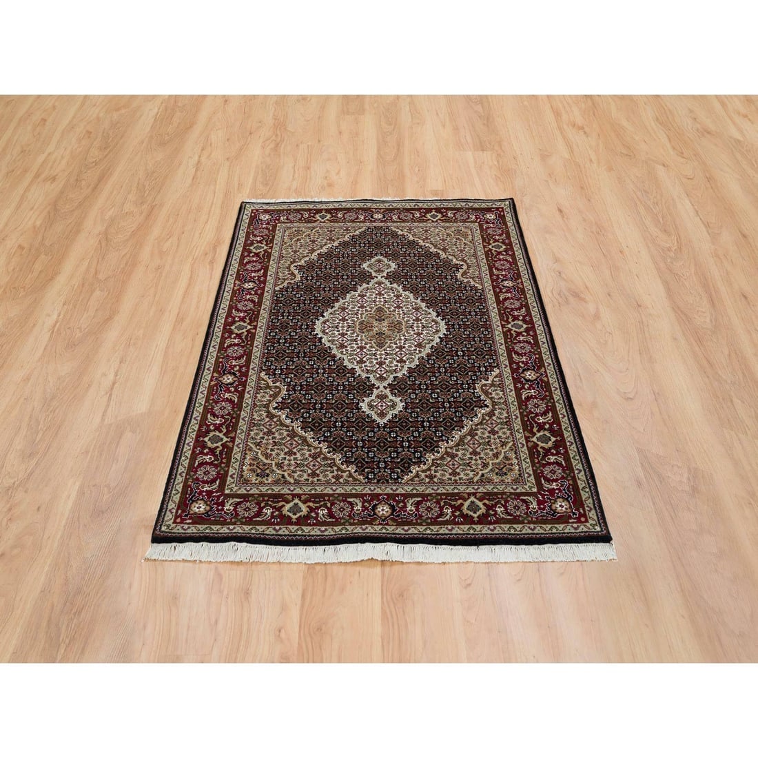 Rich Black Tabriz Mahi Design 175 KPSI Hand Knotted Wool Oriental Rug - 2