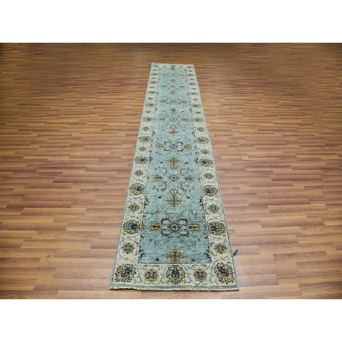 Periwinkle Blue Wool Shah Abbas Design Hand Knotted Floral Runner Rug - 2
