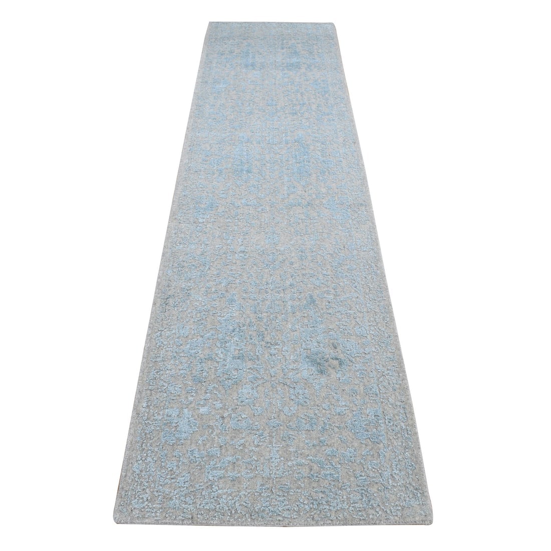 Beige, Jacquard Hand Loomed, Wool/Silk Tone on Tone Design, Runner Rug: Title: Beige, Jacquard Hand Loomed, Wool/Silk Tone on Tone Design, Runner Rug Description:This is a truly genuine one-of-a-kind. It has been Knotted for months and months in the centuries-old weaving
