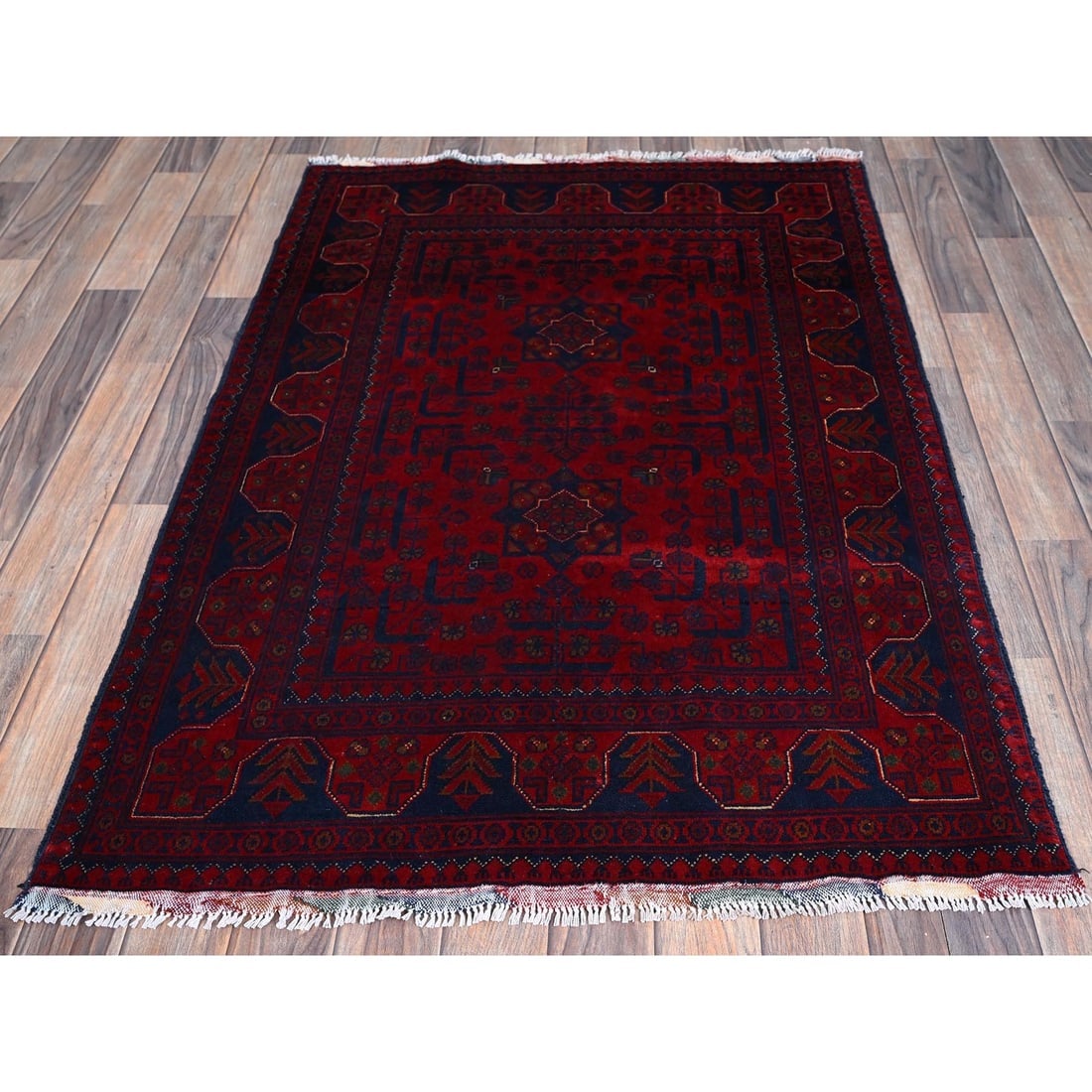 Ruby Red Afghan Khamyab with Geometric Pattern Hand Knotted Wool Rug - 2