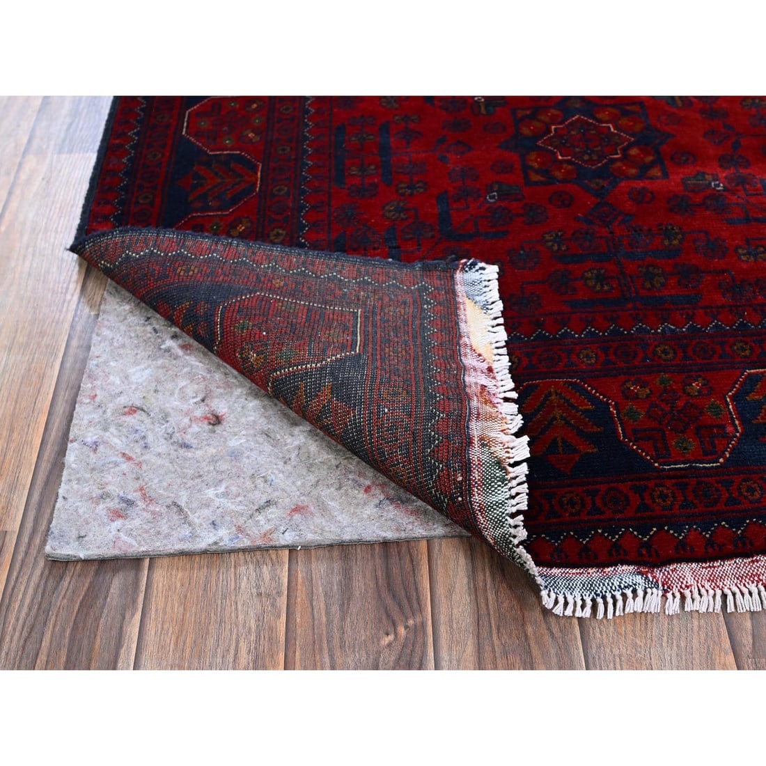 Ruby Red Afghan Khamyab with Geometric Pattern Hand Knotted Wool Rug - 3