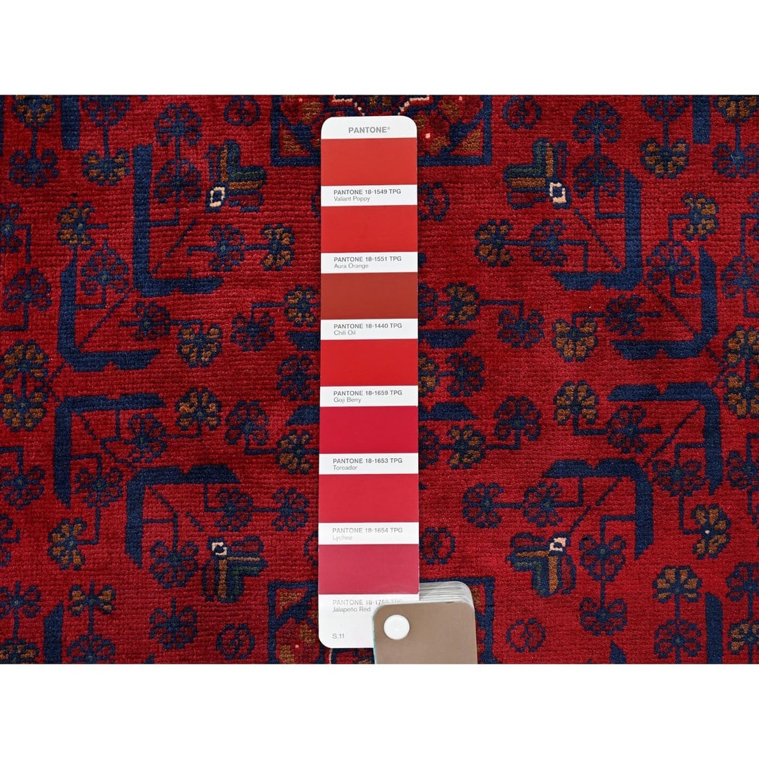 Ruby Red Afghan Khamyab with Geometric Pattern Hand Knotted Wool Rug - 4