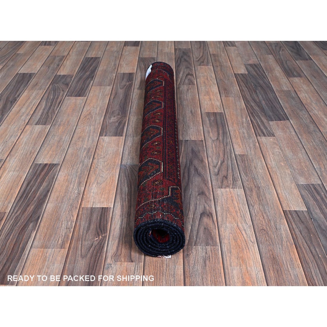Ruby Red Afghan Khamyab with Geometric Pattern Hand Knotted Wool Rug - 5