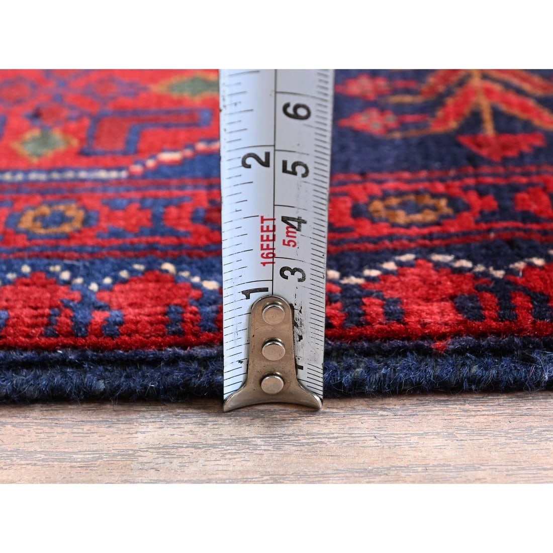 Ruby Red Afghan Khamyab with Geometric Pattern Hand Knotted Wool Rug - 6