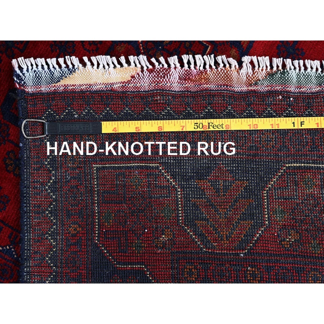 Ruby Red Afghan Khamyab with Geometric Pattern Hand Knotted Wool Rug - 7