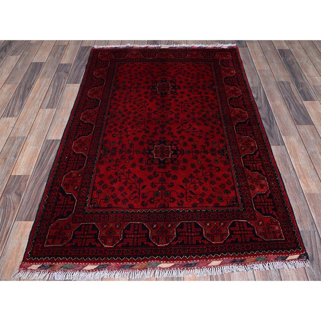 Red Hand Knotted Afghan Khamyab Tribal Design Hand Knotted Wool Rug - 2