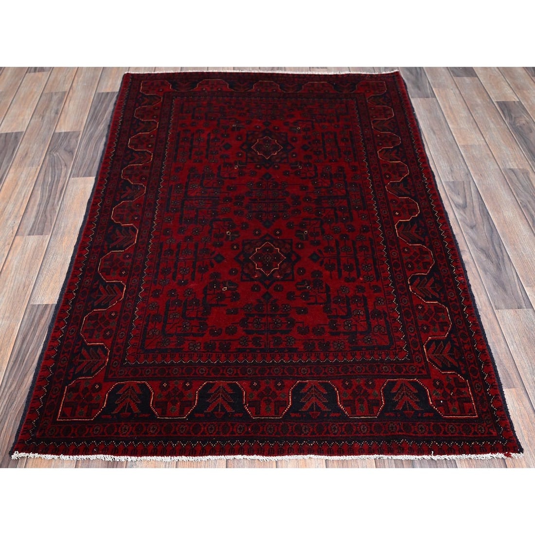 Red Afghan Khamyab with Geometric Design Soft Wool Hand Knotted Rug - 2