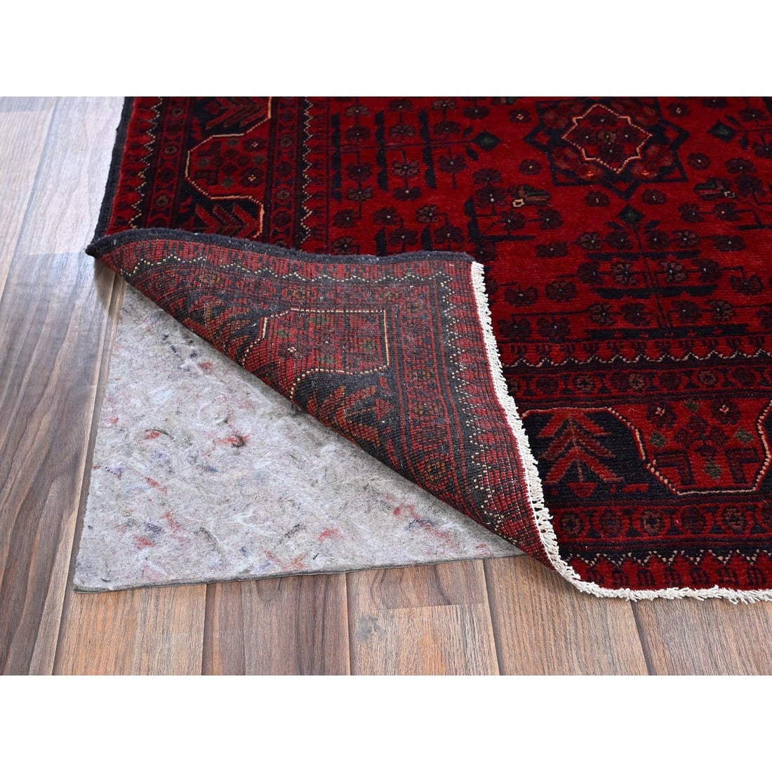 Red Afghan Khamyab with Geometric Design Soft Wool Hand Knotted Rug - 3