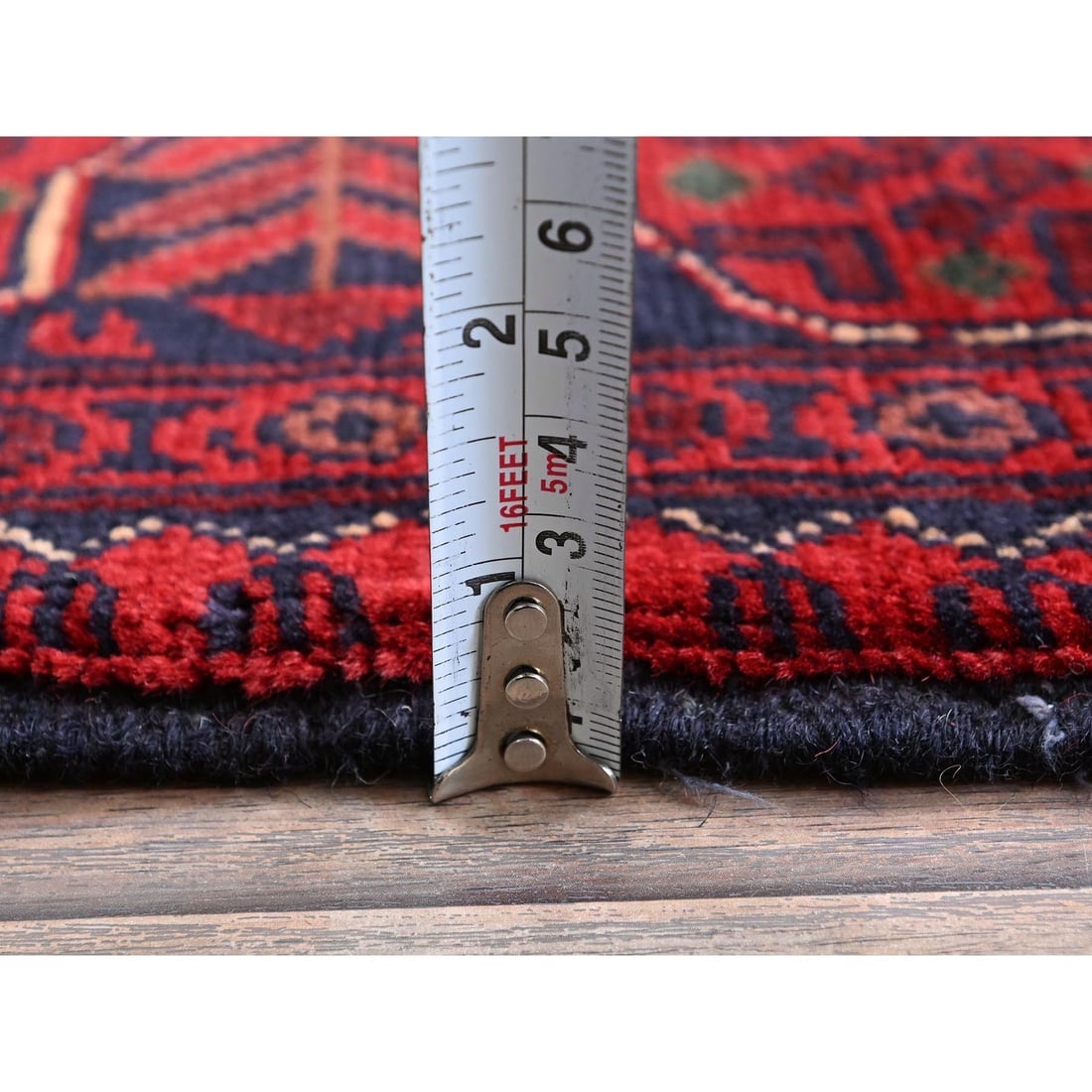 Red Afghan Khamyab with Geometric Design Soft Wool Hand Knotted Rug - 6