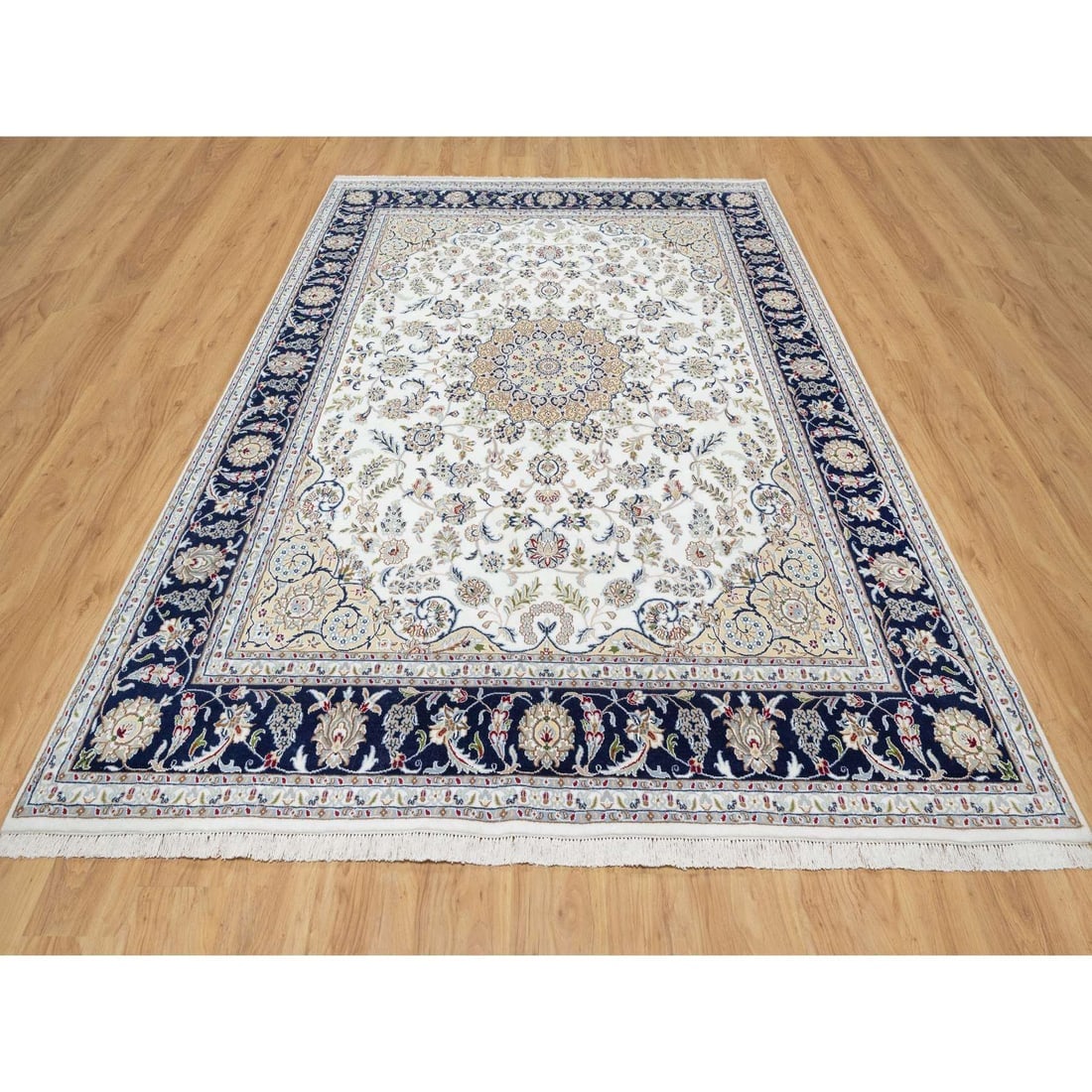 Stone White, Nain Design, 250 KPSI, Wool and Silk Hand Knotted Rug - 2