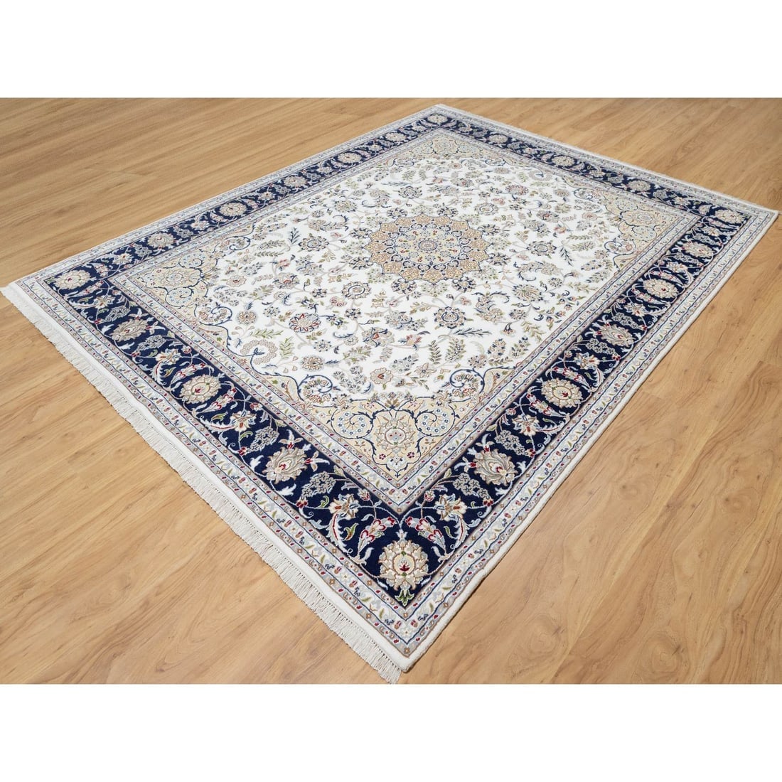 Stone White, Nain Design, 250 KPSI, Wool and Silk Hand Knotted Rug - 3