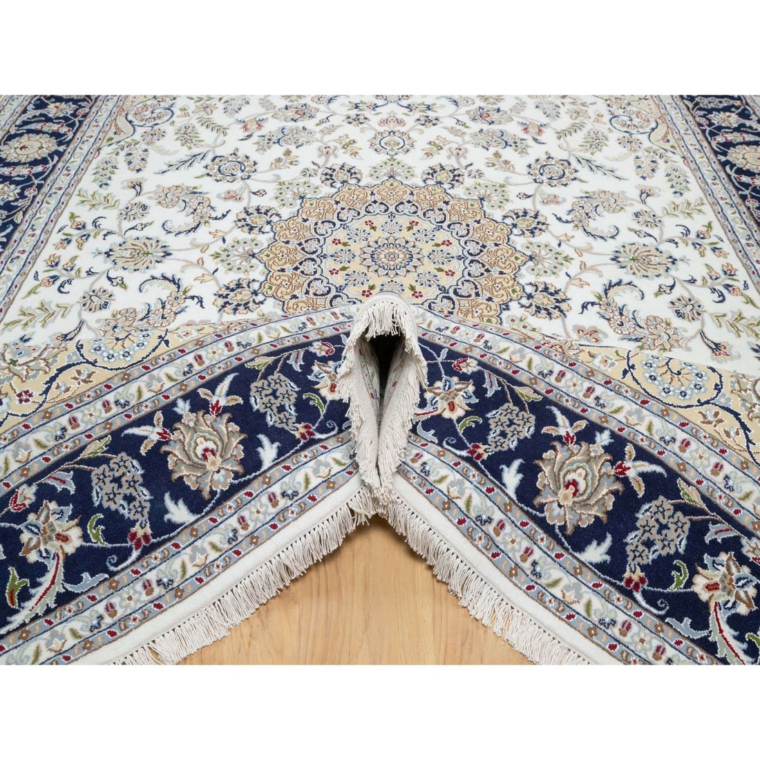 Stone White, Nain Design, 250 KPSI, Wool and Silk Hand Knotted Rug - 5