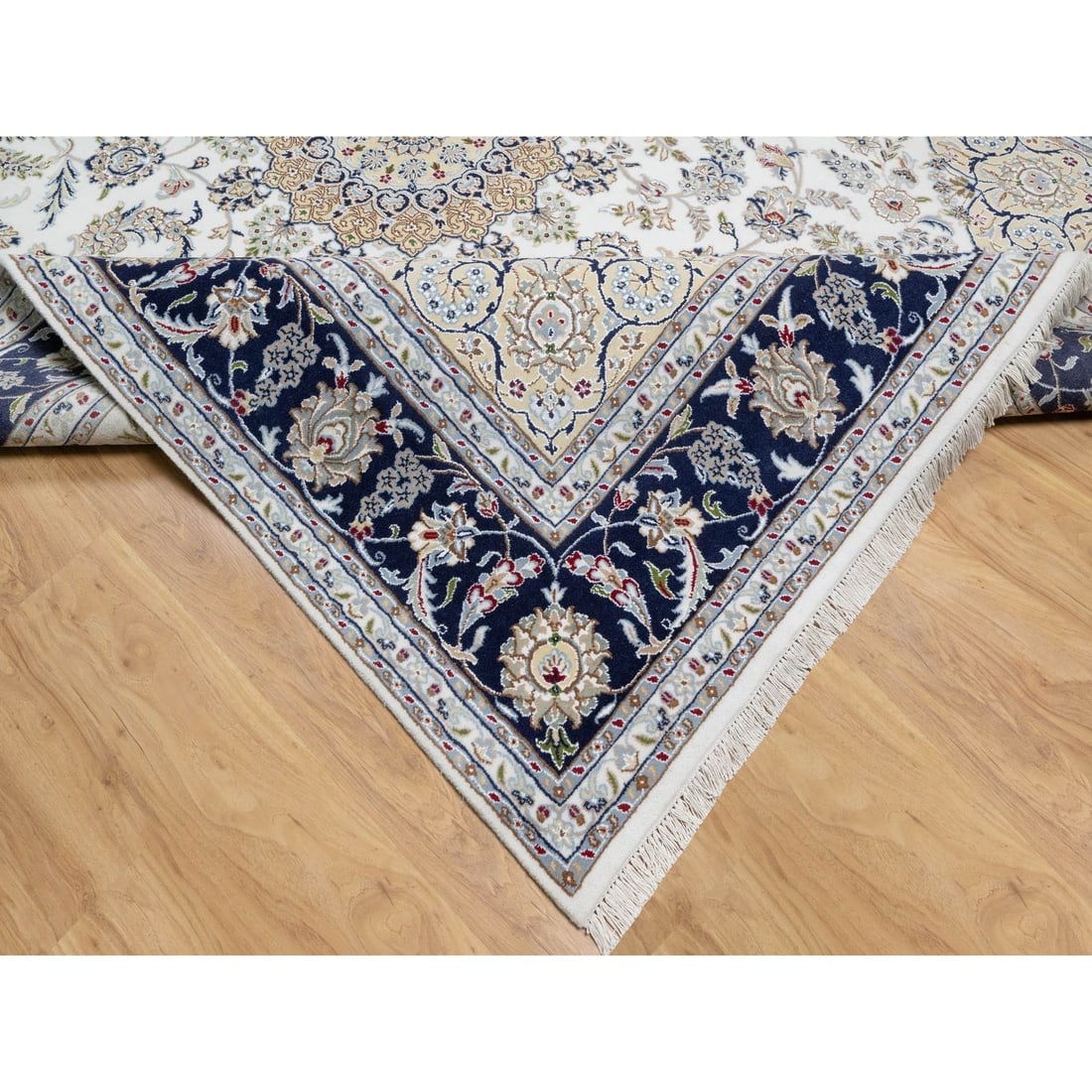 Stone White, Nain Design, 250 KPSI, Wool and Silk Hand Knotted Rug - 6