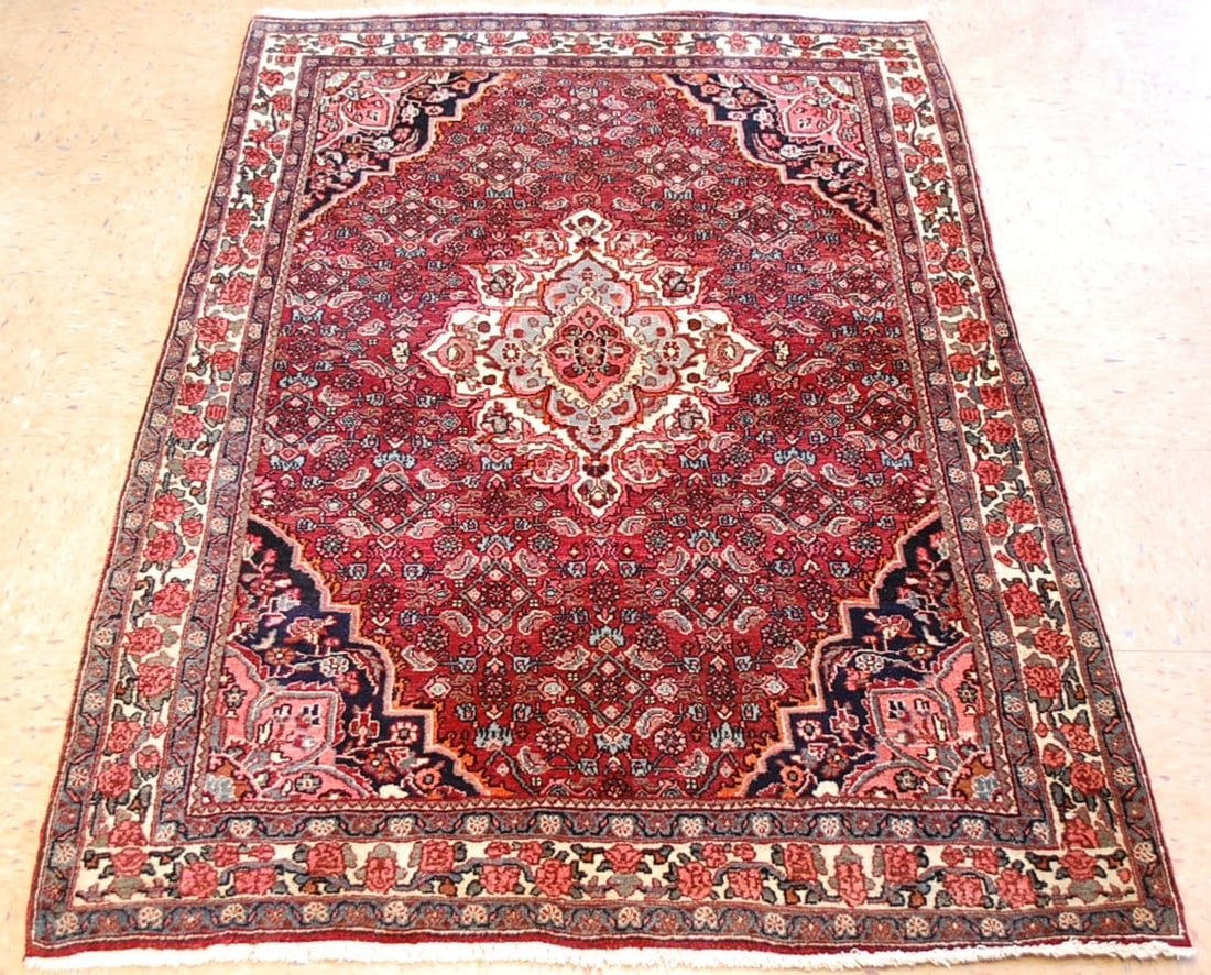 PERSIAN BIJAR RUG 3.8x5.4: Title:PERSIAN BIJAR RUG 3.8x5.4 Descritpion: OLD,ANTIQUE HIGHLY DETAILED HIGH KPSI_KORK WOOL AUTHENTIC HANDKNOTTED PERSIAN BEJAR RUG CLASSIC VILLAGE WOVEN......... Red field with Ivory border.........