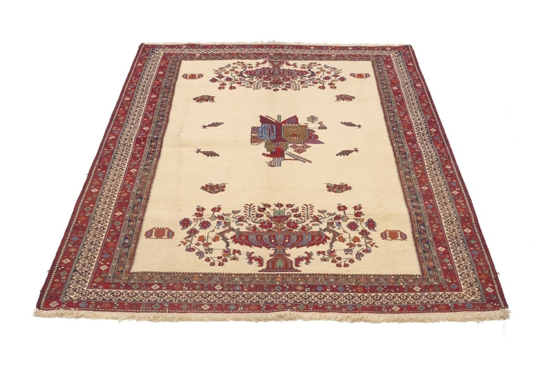 Cream Tribal 4'6X6 Sumak Persian Rug - 3