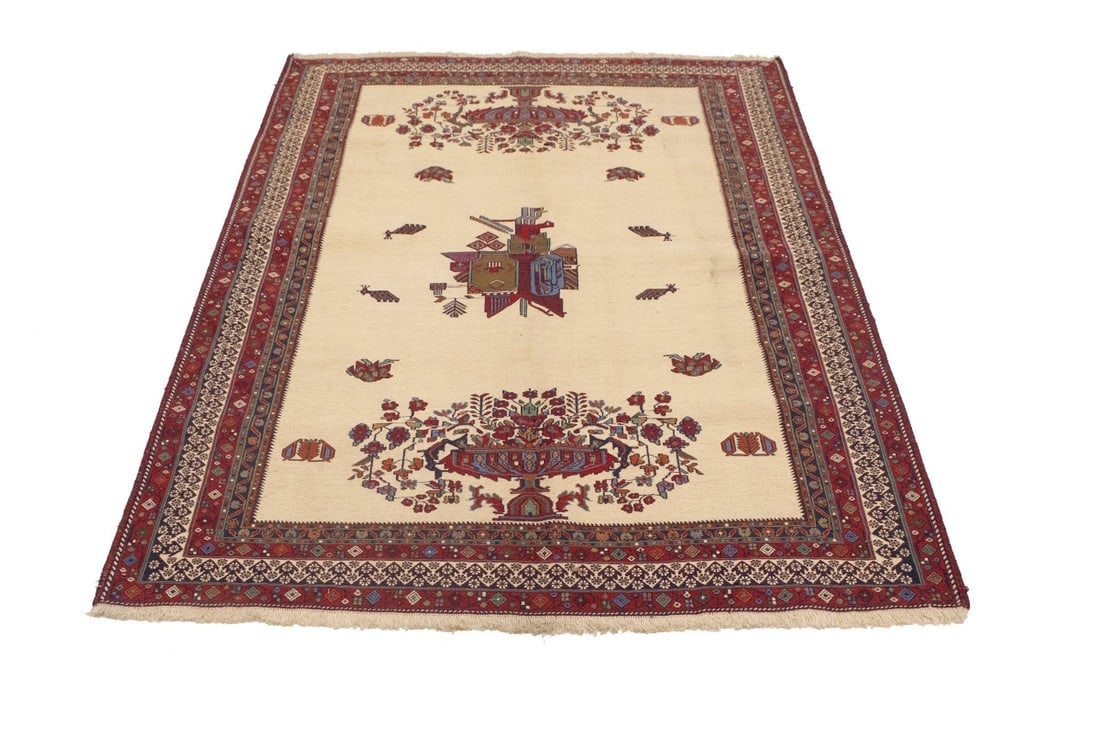 Cream Tribal 4'6X6 Sumak Persian Rug - 7
