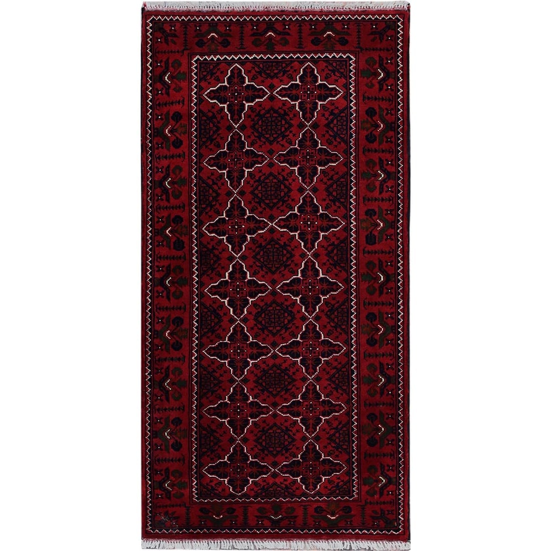 Red Afghan Khamyab with Geometric Pattern Hand Knotted Wool Runner Rug: Title: Red Afghan Khamyab with Geometric Pattern Hand Knotted Wool Runner Rug Description:This is a truly genuine one-of-a-kind. It has been Knotted for months and months in the centuries-old weaving 