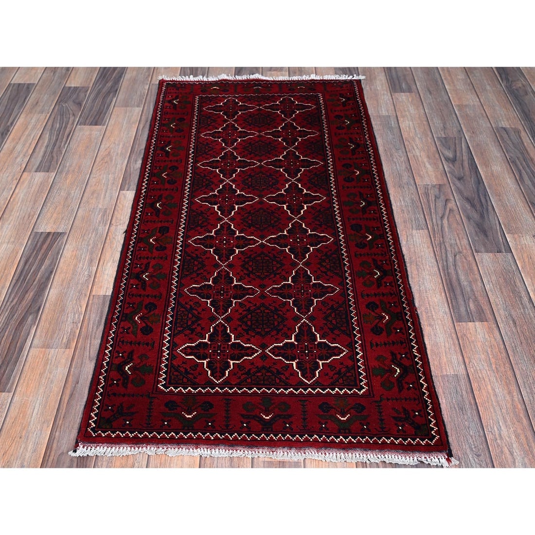 Red Afghan Khamyab with Geometric Pattern Hand Knotted Wool Runner Rug - 2