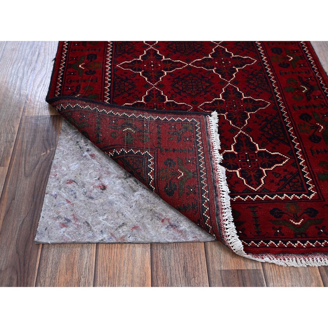 Red Afghan Khamyab with Geometric Pattern Hand Knotted Wool Runner Rug - 3