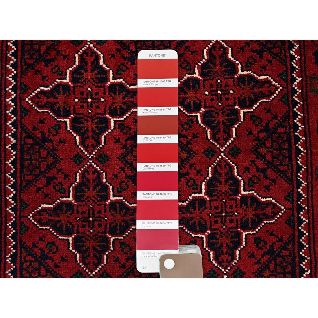 Red Afghan Khamyab with Geometric Pattern Hand Knotted Wool Runner Rug - 4