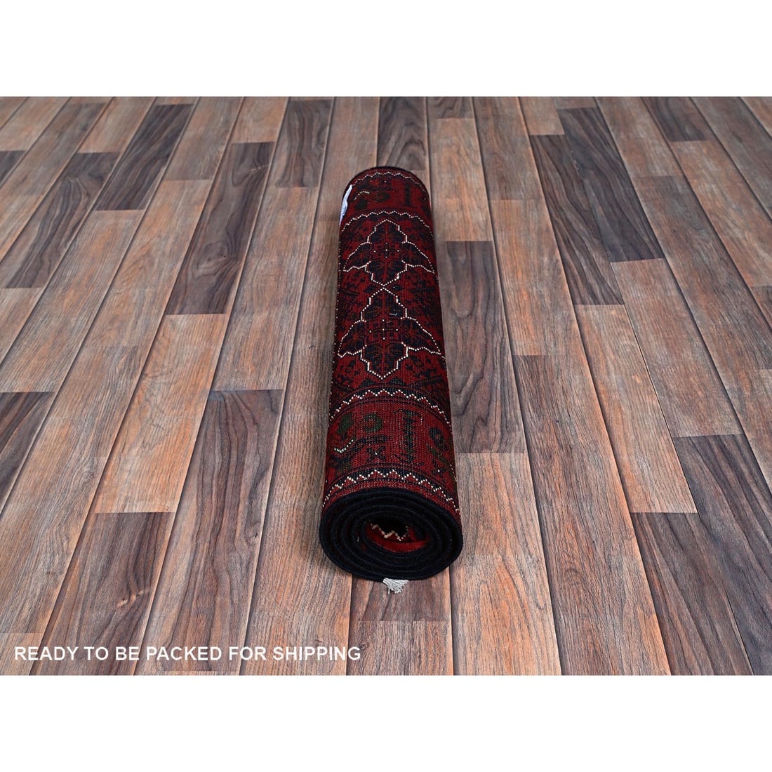 Red Afghan Khamyab with Geometric Pattern Hand Knotted Wool Runner Rug - 5