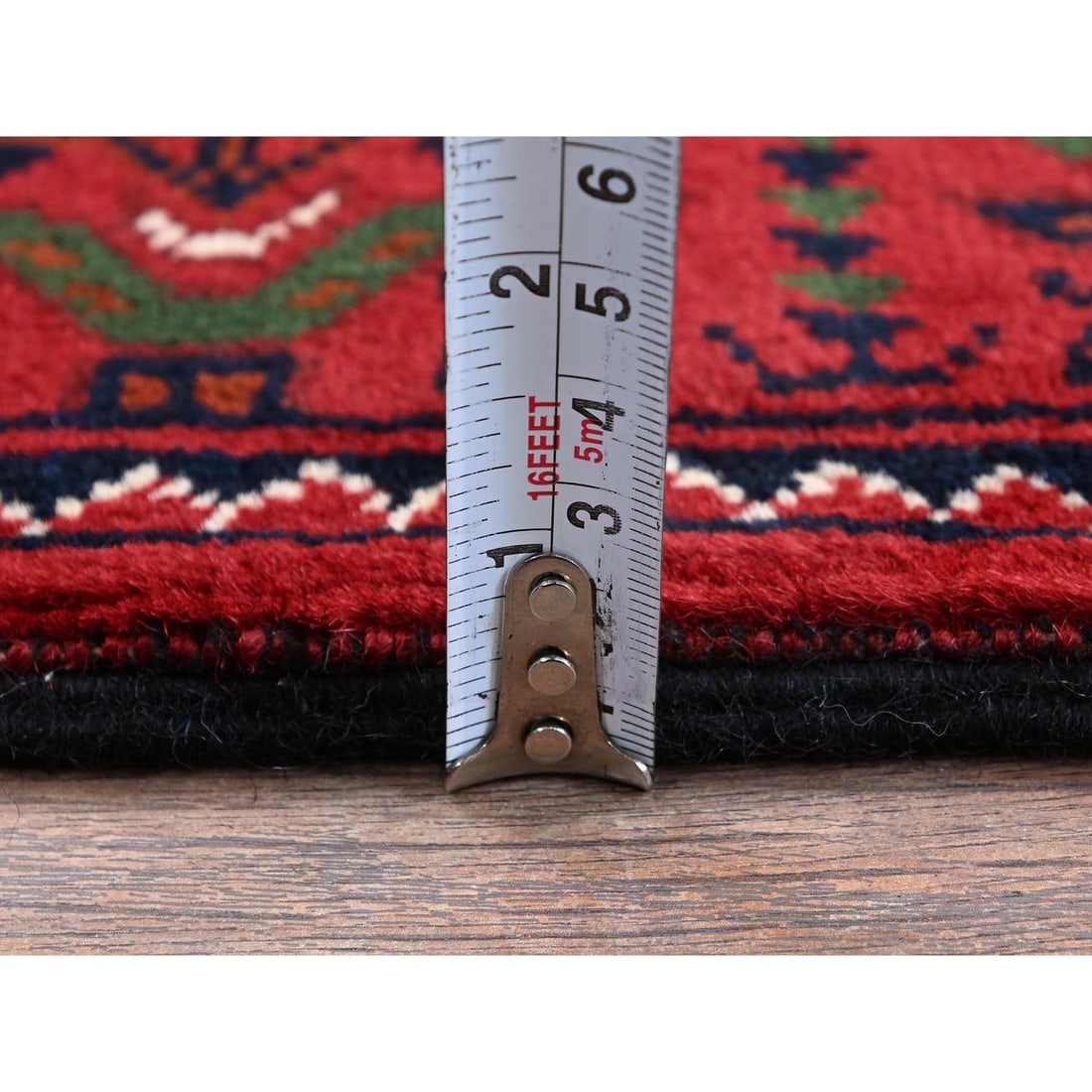 Red Afghan Khamyab with Geometric Pattern Hand Knotted Wool Runner Rug - 6