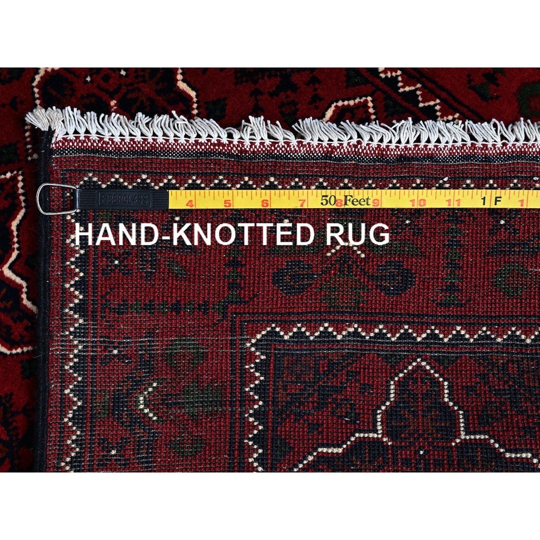 Red Afghan Khamyab with Geometric Pattern Hand Knotted Wool Runner Rug - 7