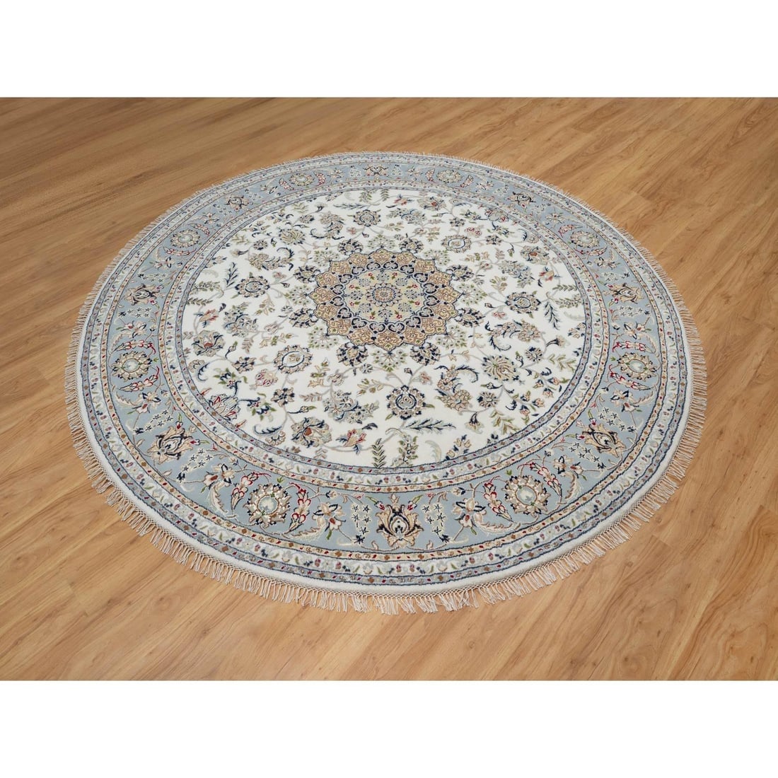 Snow White Nain with Flower Medallion Design 250 KPSI Hand Knotted Rug - 3