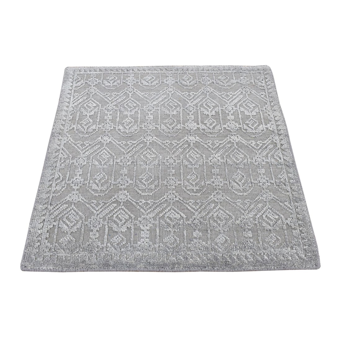 Gray Silk with Textured Wool Sample Strike Off Hand Knotted Rug - 6