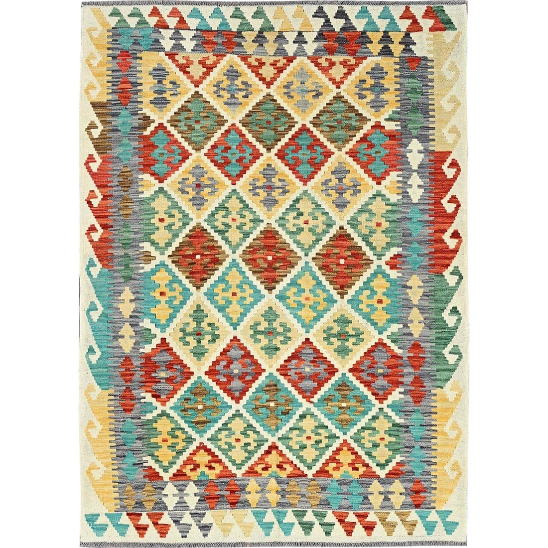 Linen White Afghan Kilim Geometric Hand Woven Flat Weave Pure Wool Rug - 7