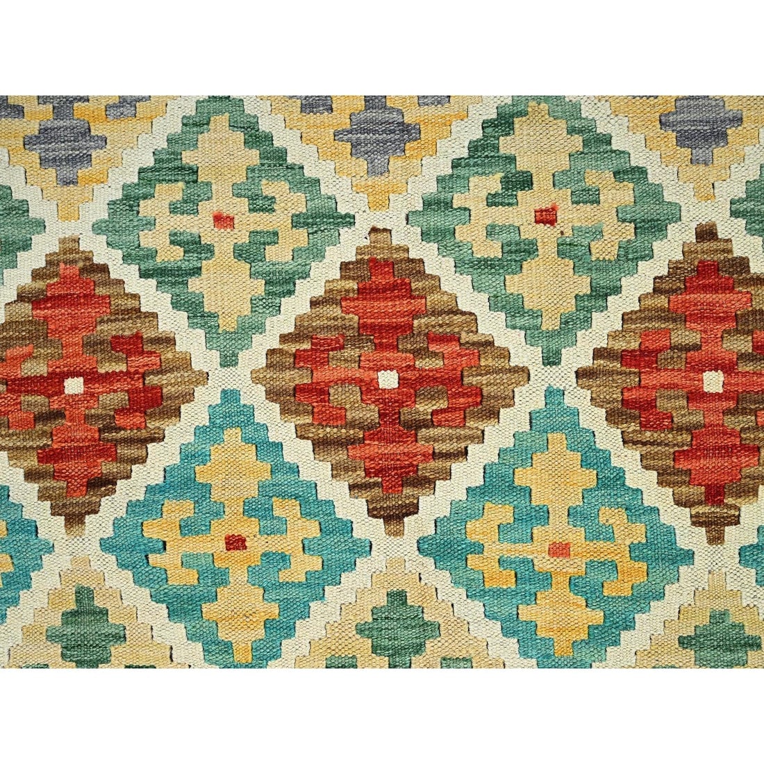 Linen White Afghan Kilim Geometric Hand Woven Flat Weave Pure Wool Rug - 2