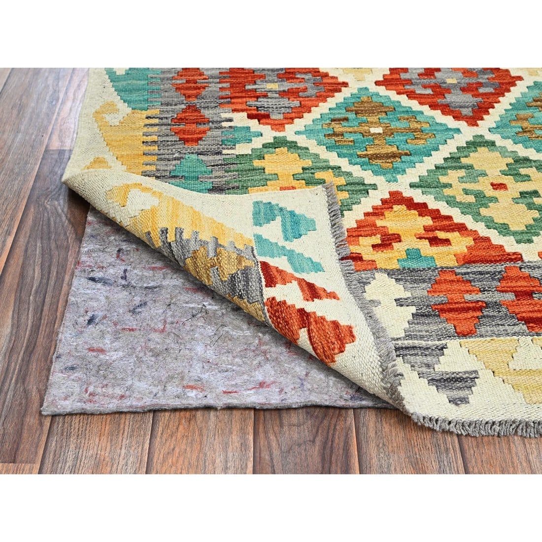 Linen White Afghan Kilim Geometric Hand Woven Flat Weave Pure Wool Rug - 3