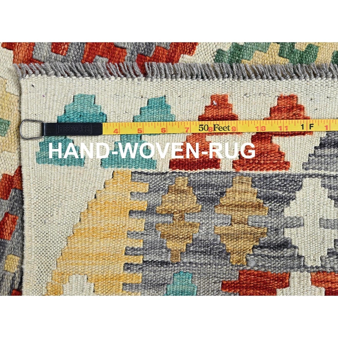 Linen White Afghan Kilim Geometric Hand Woven Flat Weave Pure Wool Rug - 6