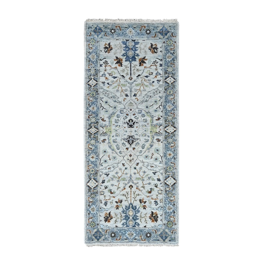 Ivory, Oushak with Floral Motifs, Pure Wool, Hand Knotted, Runner Rug: Title: Ivory, Oushak with Floral Motifs, Pure Wool, Hand Knotted, Runner Rug Description:This is a truly genuine one-of-a-kind. It has been Knotted for months and months in the centuries-old weaving c