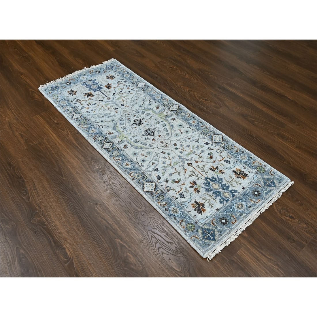 Ivory, Oushak with Floral Motifs, Pure Wool, Hand Knotted, Runner Rug - 2
