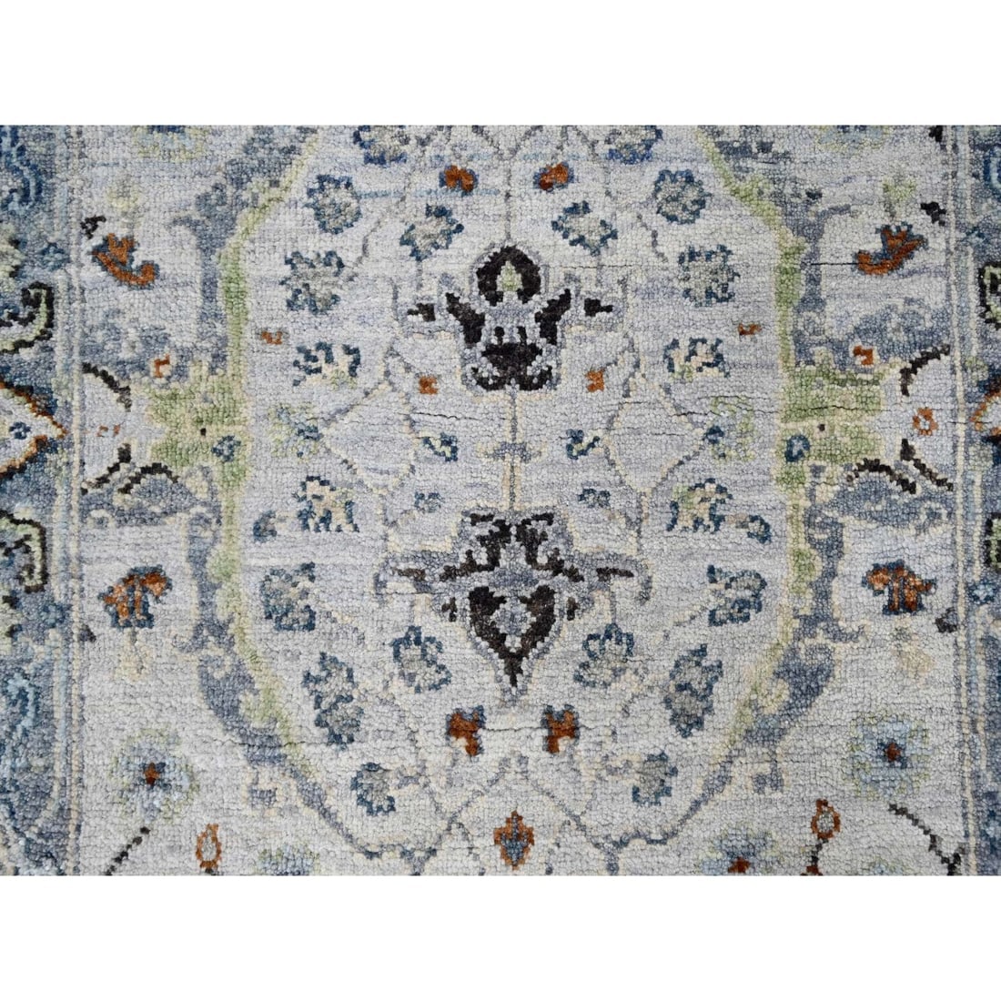 Ivory, Oushak with Floral Motifs, Pure Wool, Hand Knotted, Runner Rug - 5