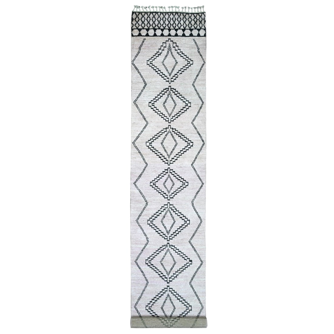 White Moroccan Weave Medallions Design Hand Knotted Wool Runner Rug: Title: White Moroccan Weave Medallions Design Hand Knotted Wool Runner Rug Description:This is a truly genuine one-of-a-kind. It has been Knotted for months and months in the centuries-old weaving cra