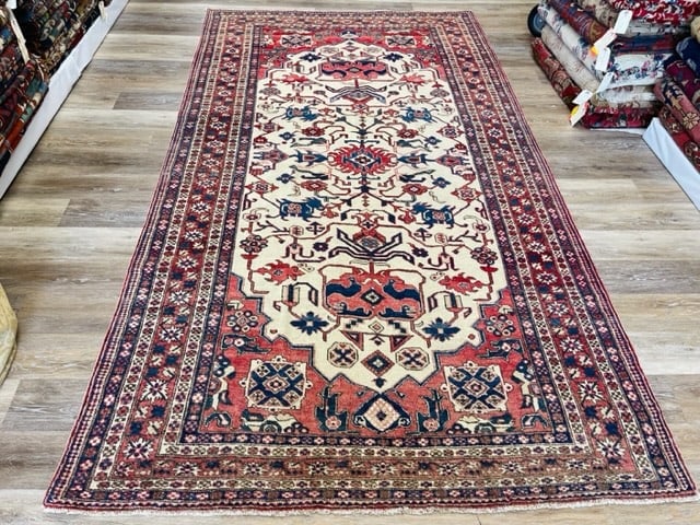 Antique Persian Ivory field Caucasian Design Rug-5089: Title:Antique Persian Ivory field Caucasian Design Rug-5089 Description:Beautiful Antique Persian Ardabil rug from northwest Persia, size 5 ft. 3 inches by 9 ft. 7 inches, circa 1950, excellent condit